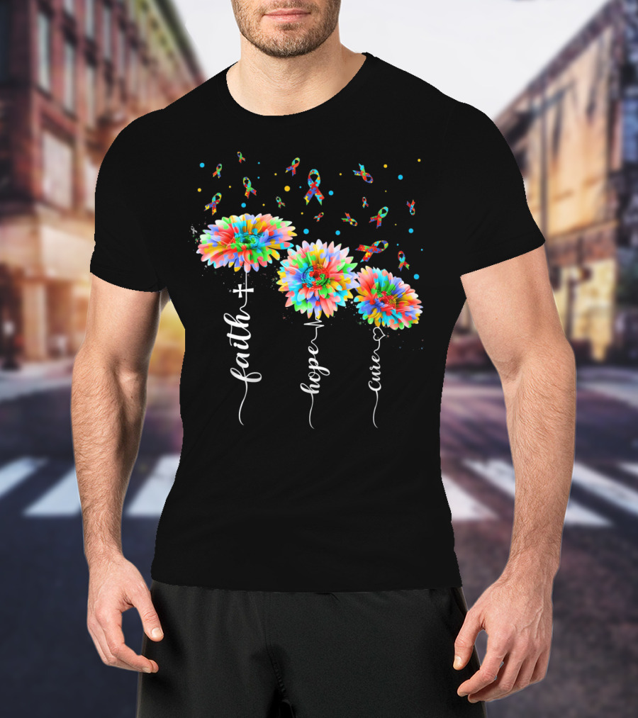 Faith Hope Cure Colorful Sunflowers Autism Awareness Puzzle Pieces T-Shirt