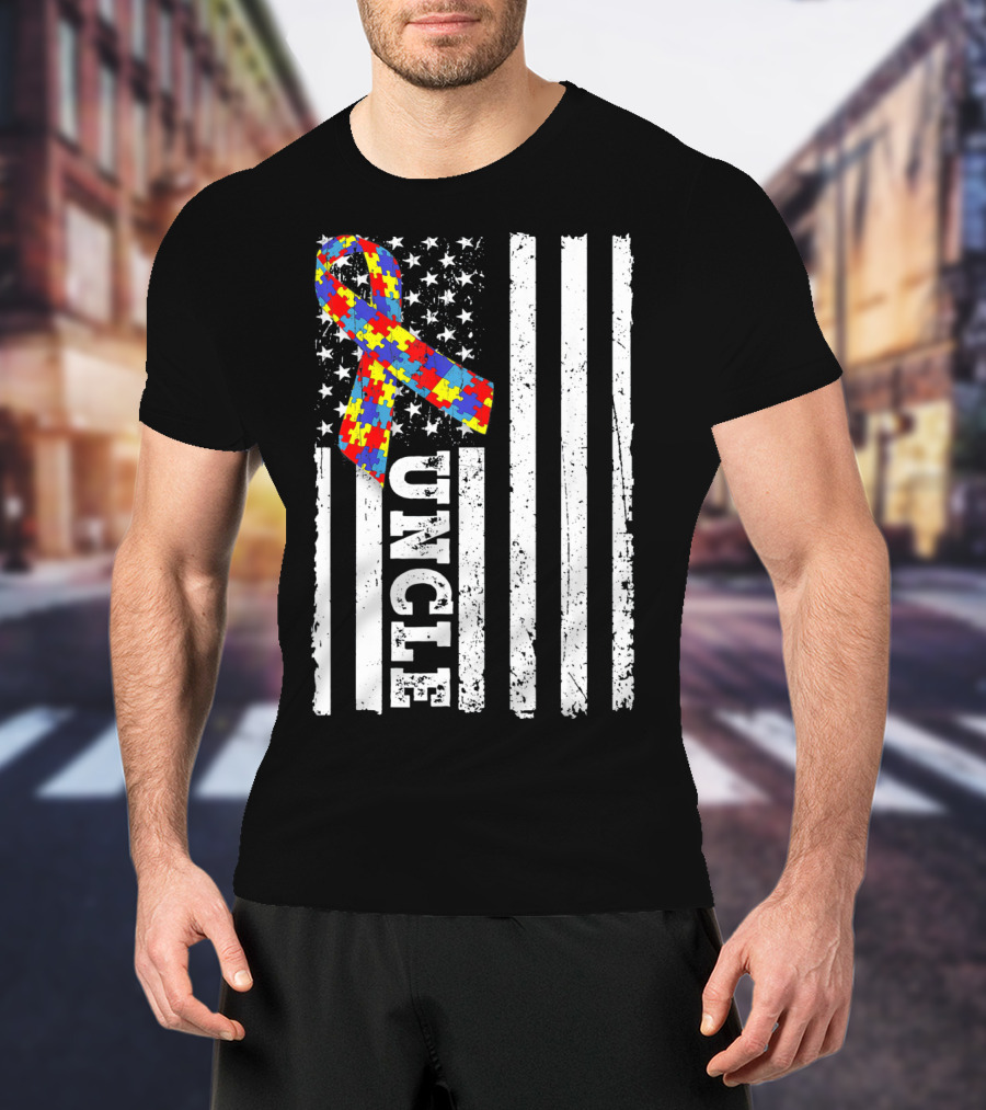 UNCLE Puzzle Ribbon American Flag Autism Awareness T-Shirt