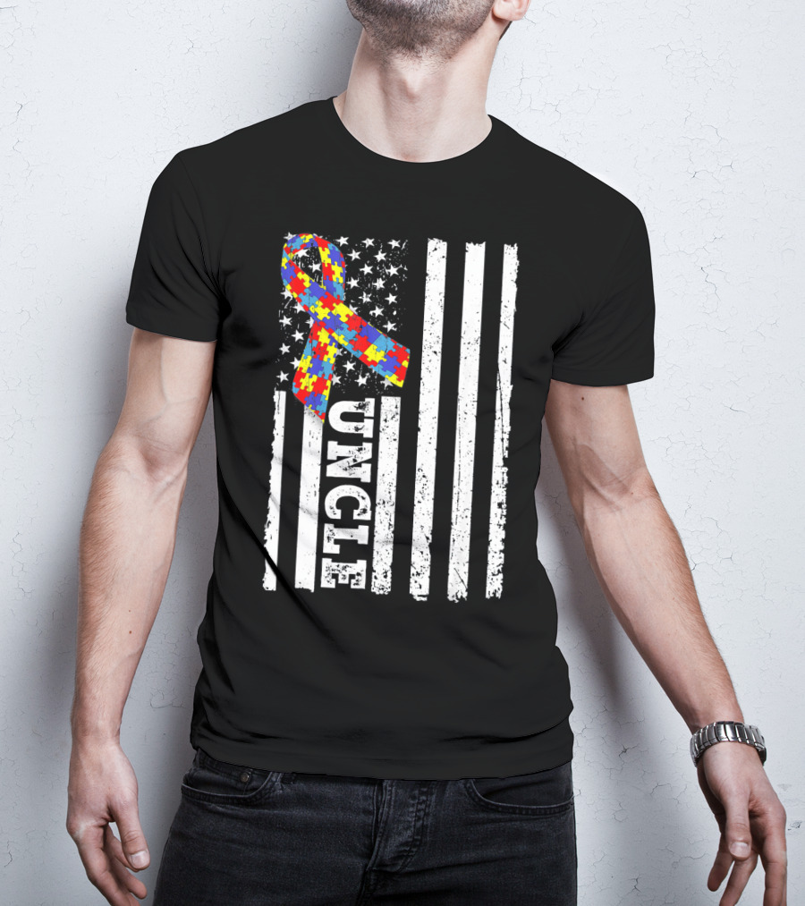 UNCLE Puzzle Ribbon American Flag Autism Awareness T-Shirt