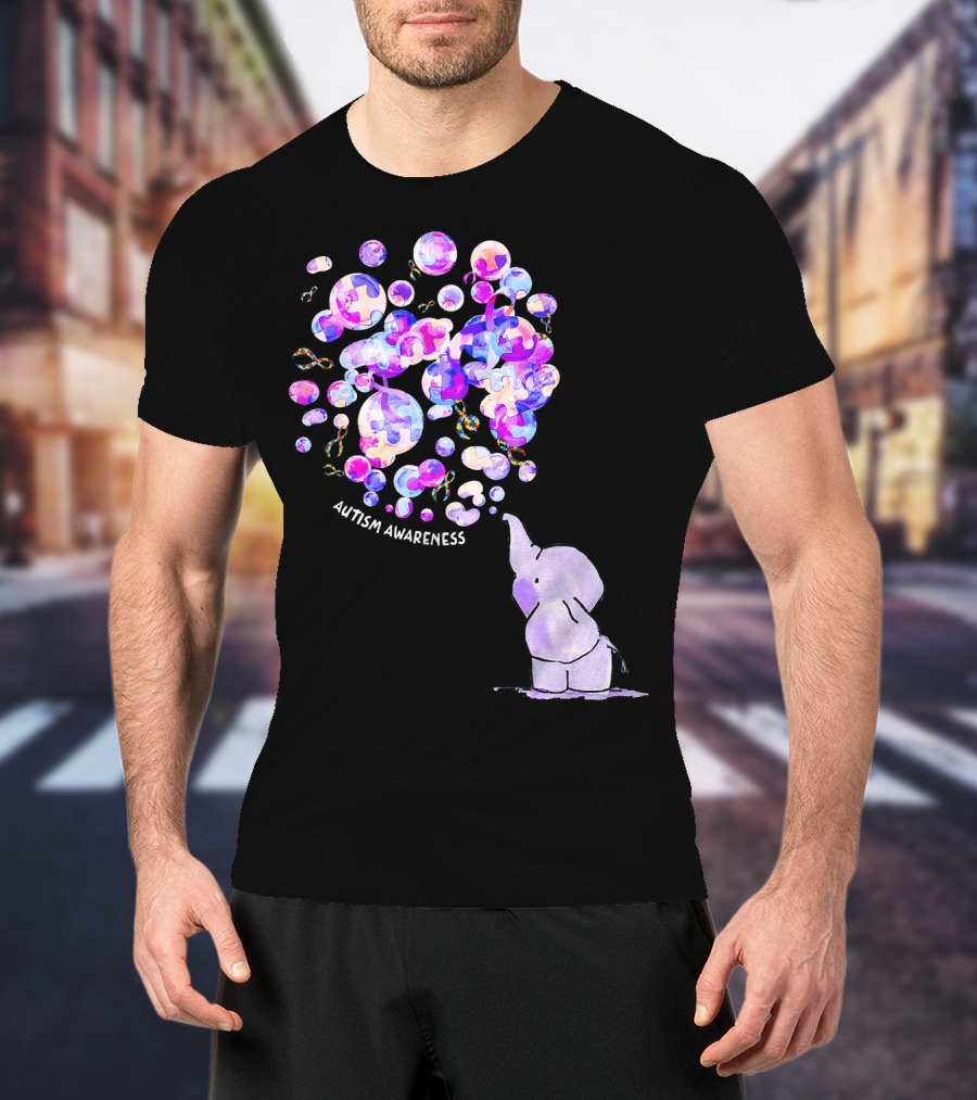 Elephant Blowing Puzzle Pieces Balloons Autism Awareness T-Shirt