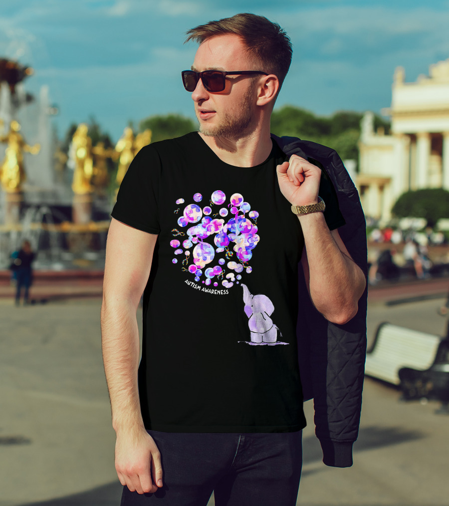 Elephant Blowing Puzzle Pieces Balloons Autism Awareness T-Shirt