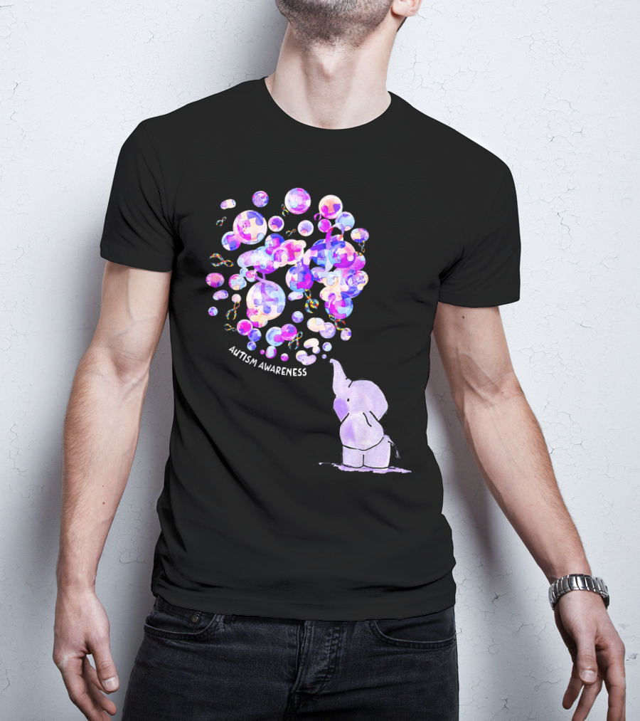Elephant Blowing Puzzle Pieces Balloons Autism Awareness T-Shirt