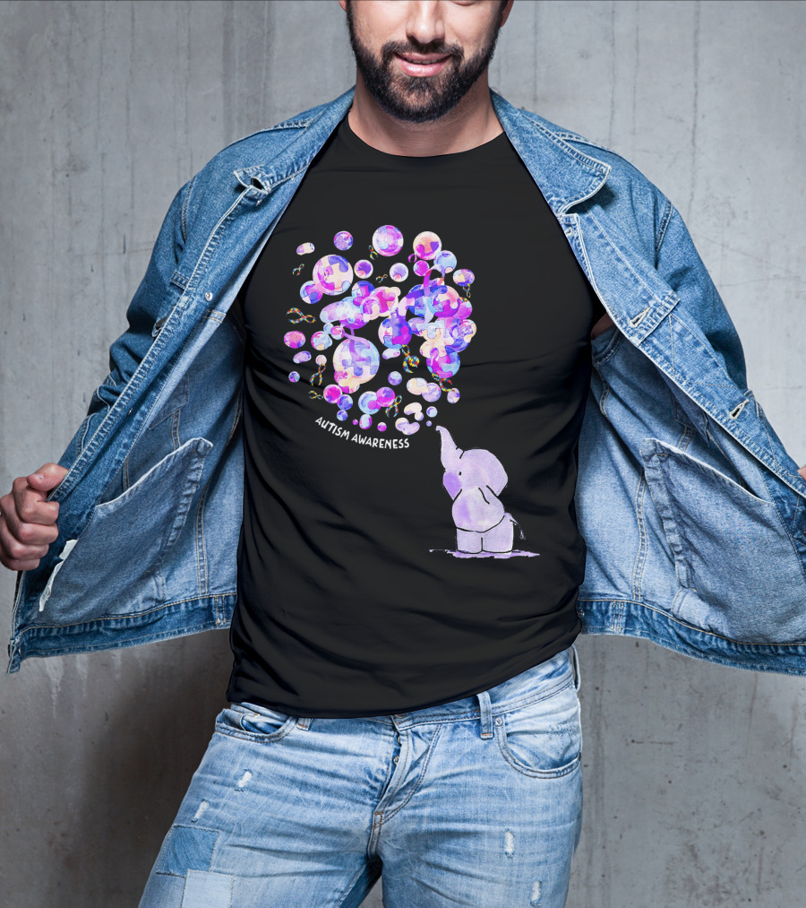 Elephant Blowing Puzzle Pieces Balloons Autism Awareness T-Shirt