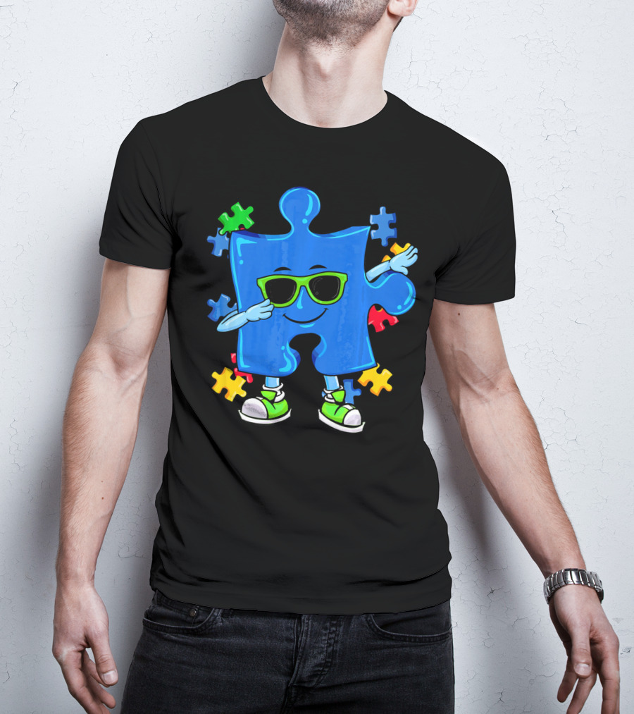 Dabbing Puzzle Piece Cool Sunglasses Autism Awareness T-Shirt
