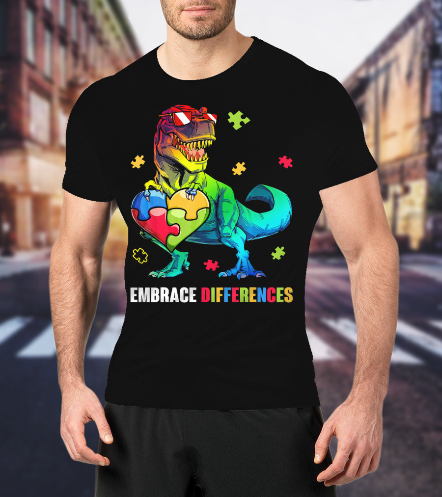 Embrace Differences Dinosaur Holding Heart Puzzle Pieces T-Shirt