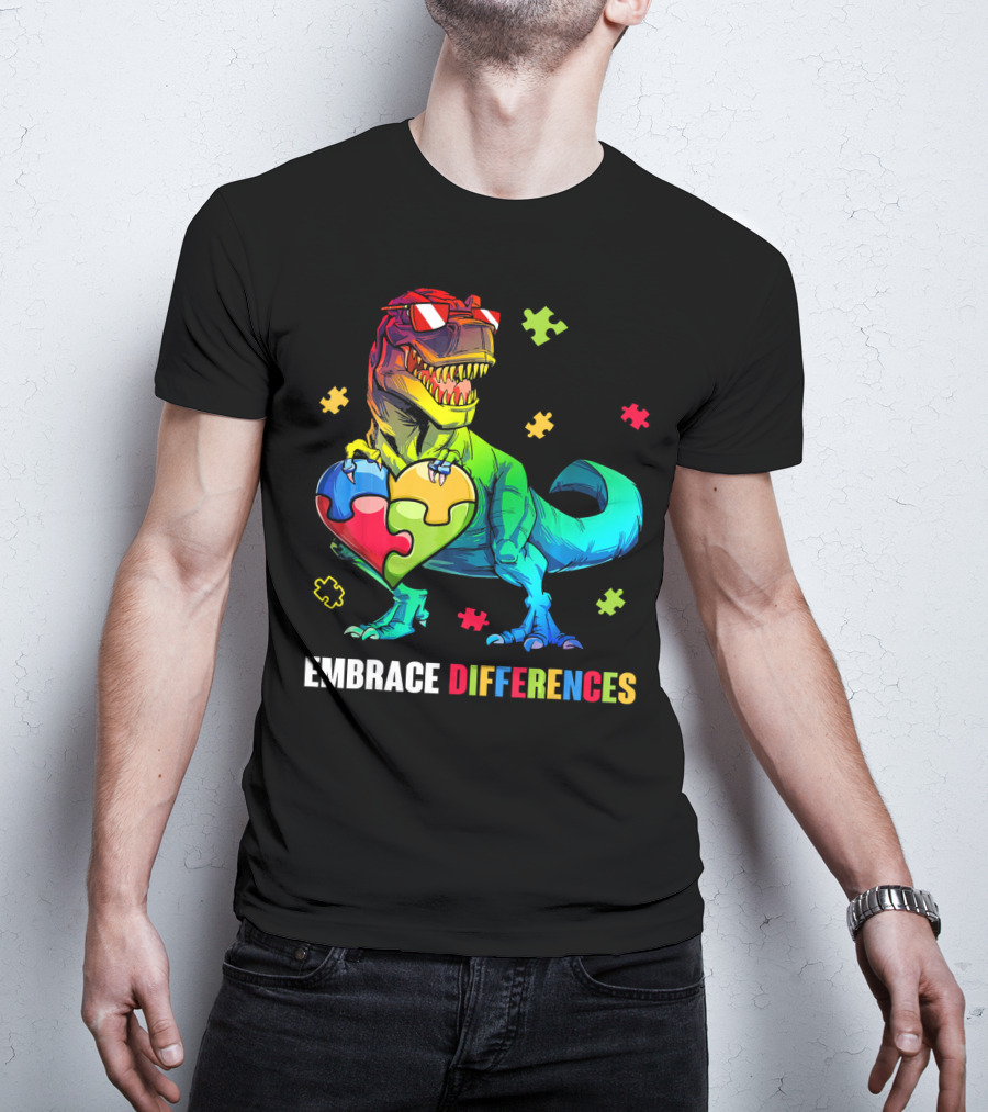Embrace Differences Dinosaur Holding Heart Puzzle Pieces T-Shirt