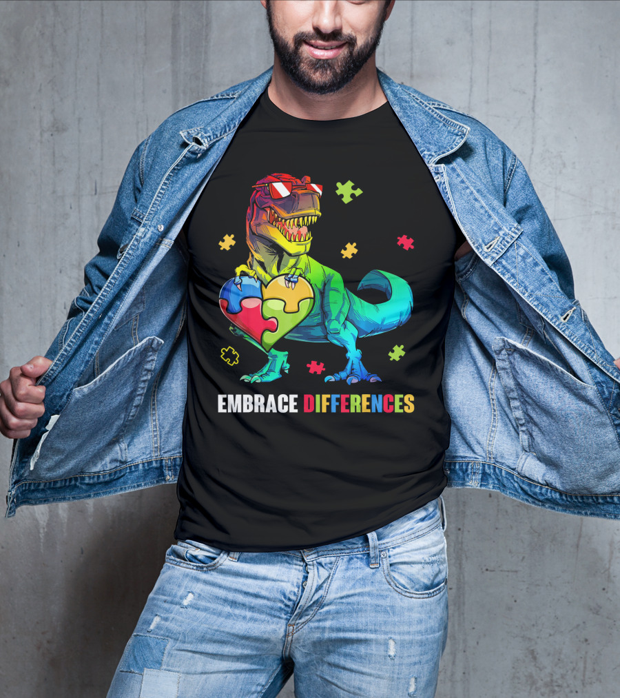 Embrace Differences Dinosaur Holding Heart Puzzle Pieces T-Shirt