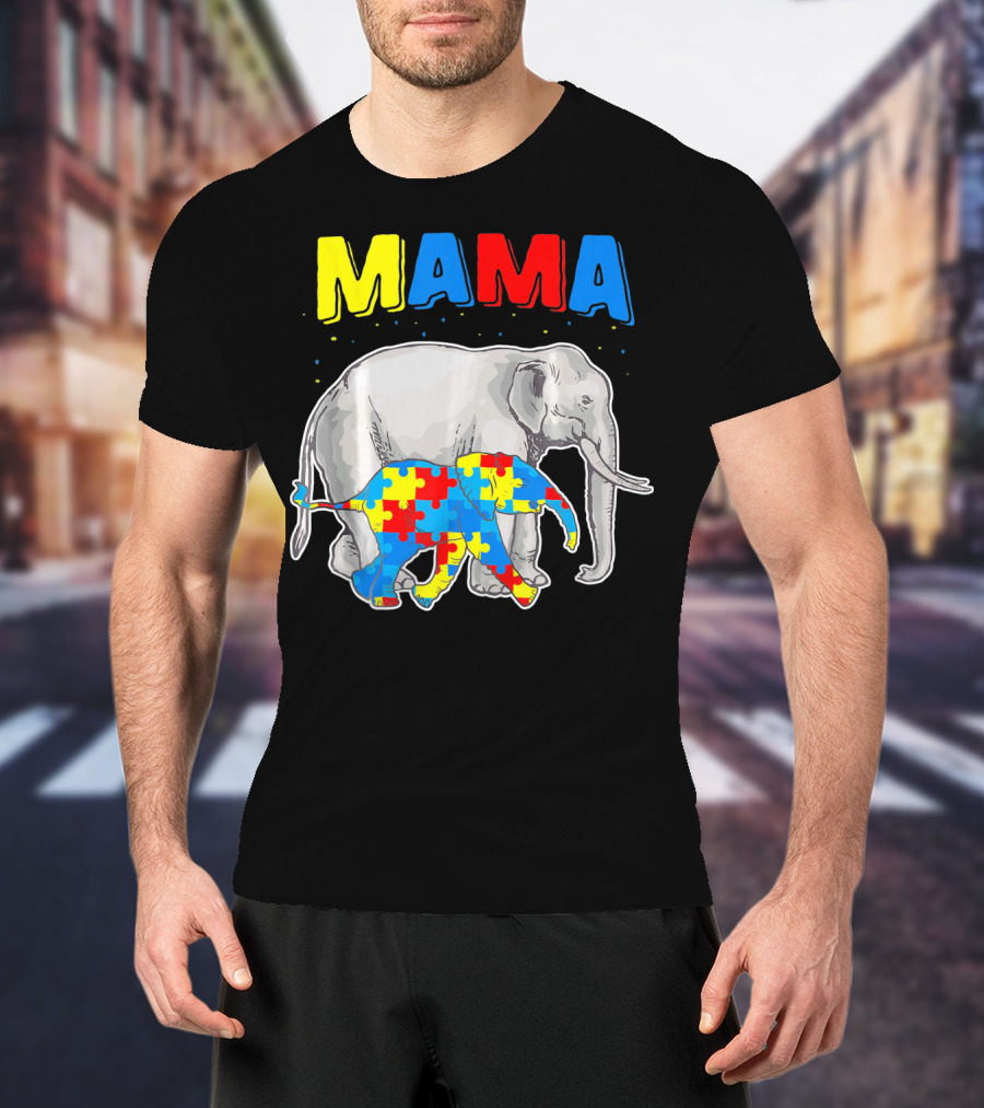 Mama Elephant Puzzle Piece Autism Awareness T-Shirt