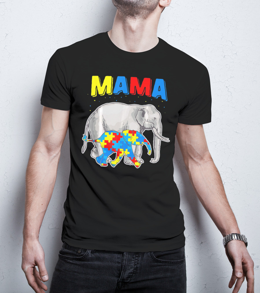 Mama Elephant Puzzle Piece Autism Awareness T-Shirt