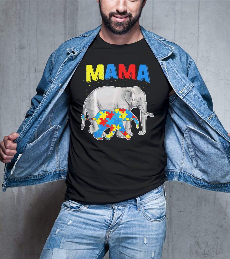 Mama Elephant Puzzle Piece Autism Awareness T-Shirt