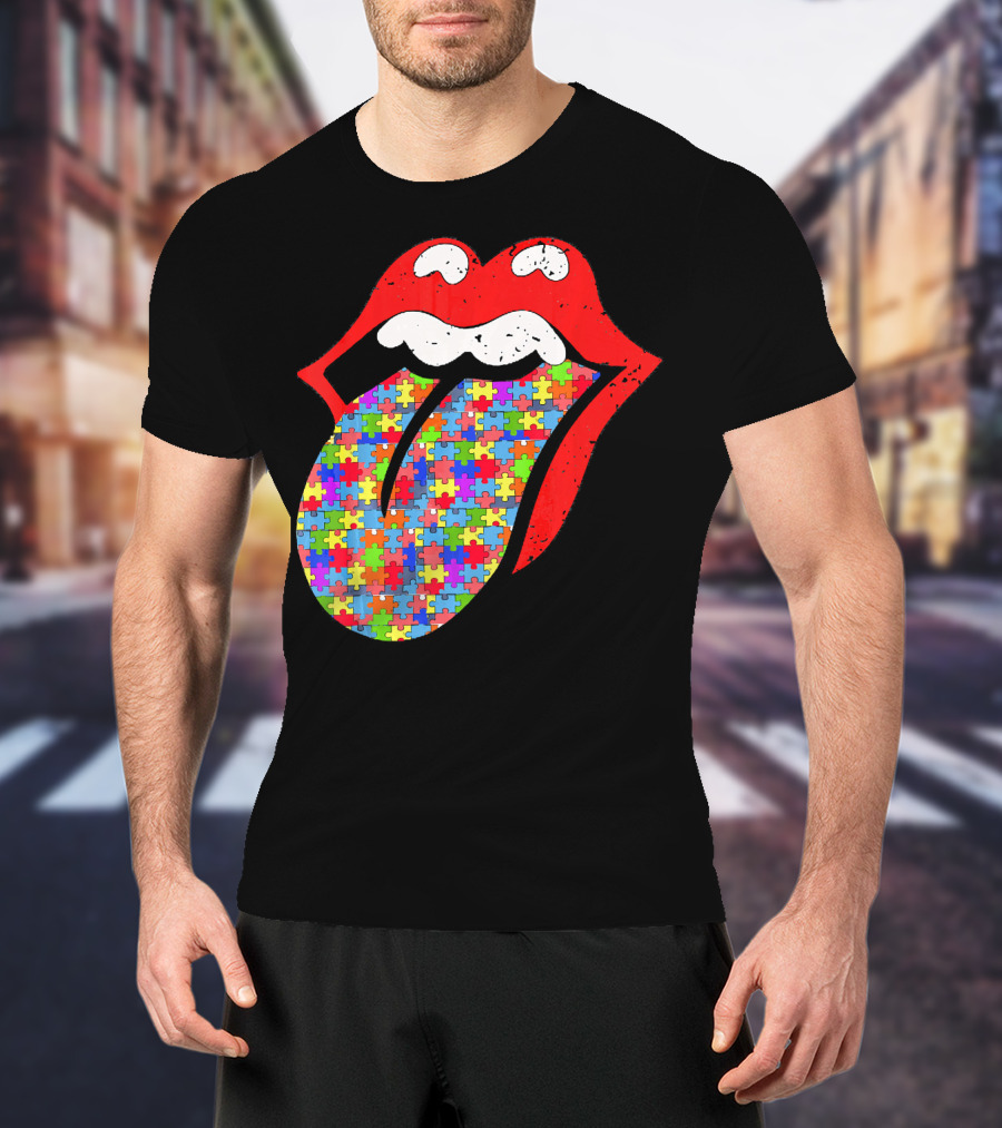Red Lips Tongue Icon With Colorful Autism Awareness Puzzle Piece T-Shirt