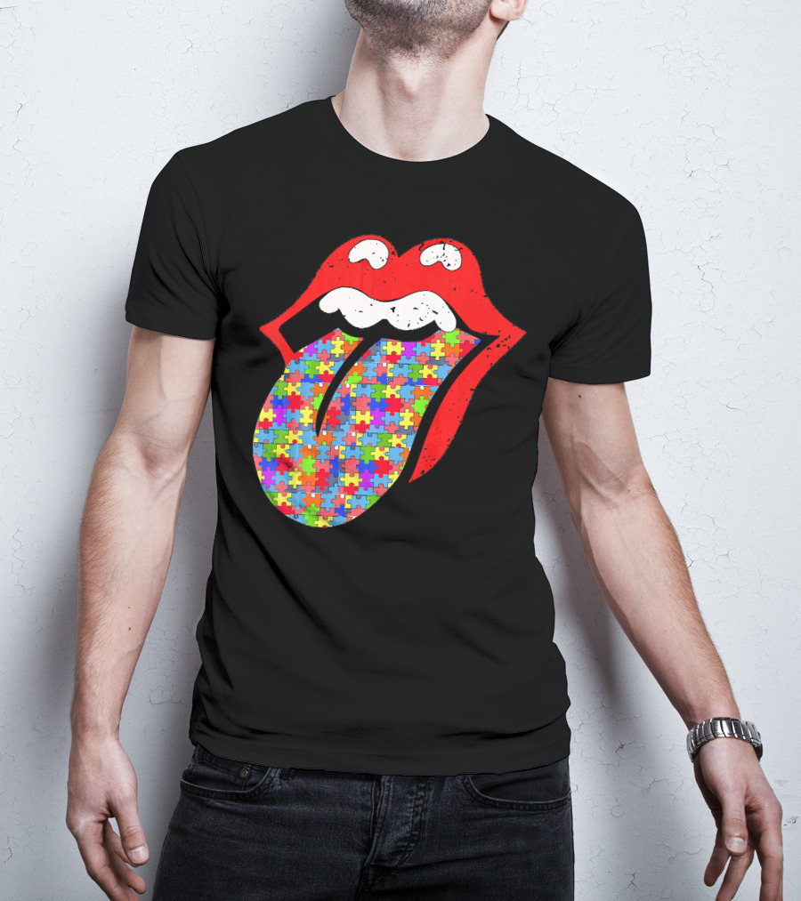 Red Lips Tongue Icon With Colorful Autism Awareness Puzzle Piece T-Shirt