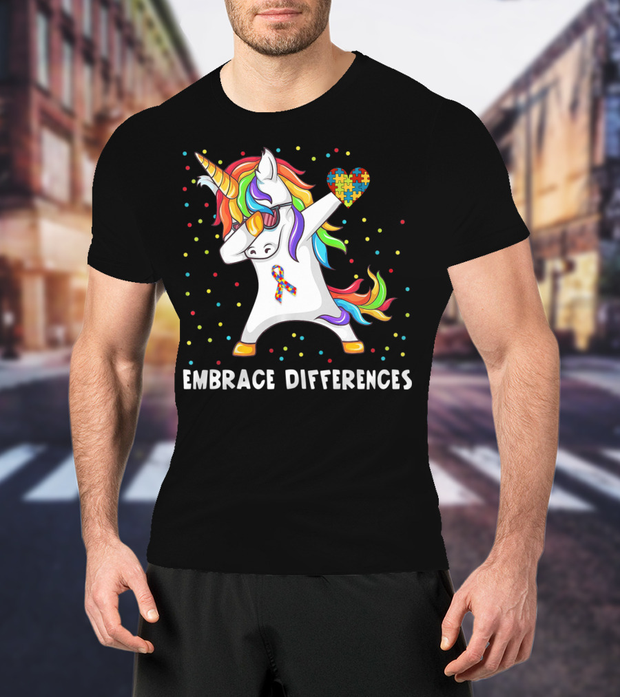 Embrace Differences Rainbow Dabbing Unicorn Puzzle Heart Autism Awareness T-Shirt