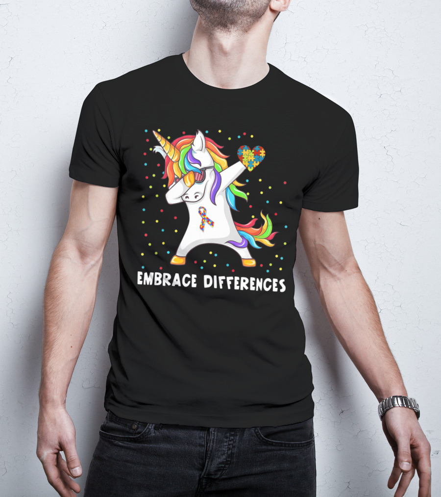 Embrace Differences Rainbow Dabbing Unicorn Puzzle Heart Autism Awareness T-Shirt