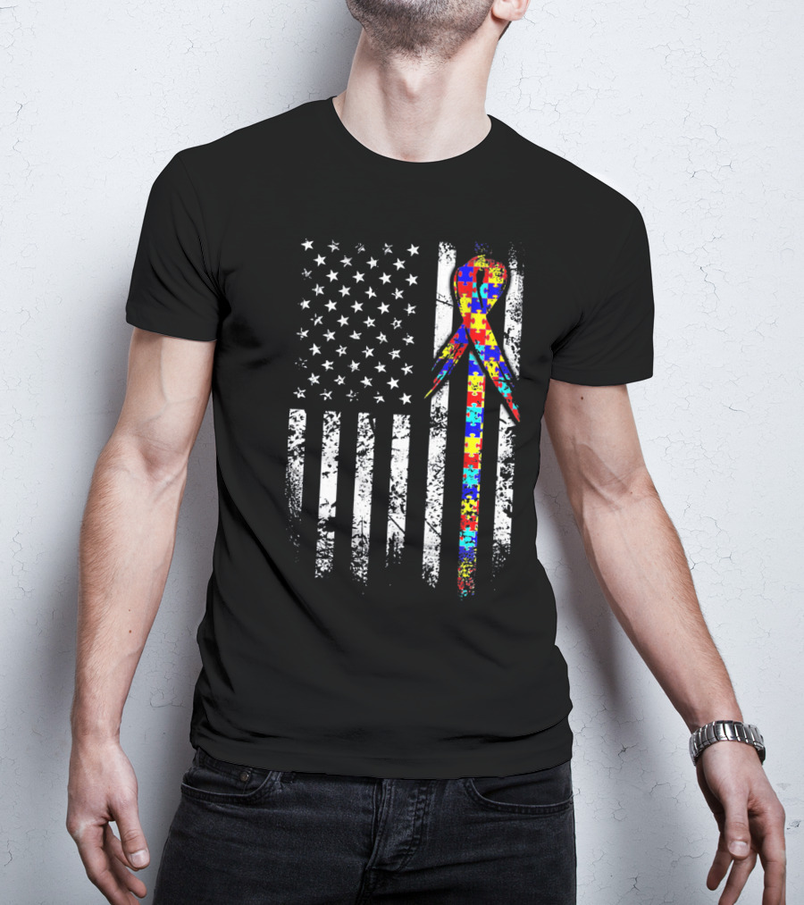 BACK PRINT Autism Awareness USA Flag Puzzle T-Shirt
