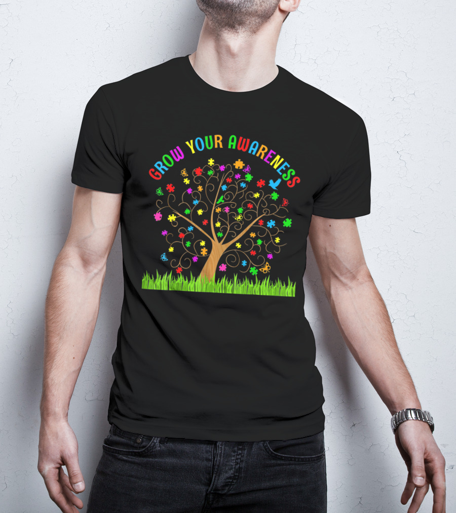 Grow Your Awareness Autism Puzzle Tree Rainbow Colors T-Shirt