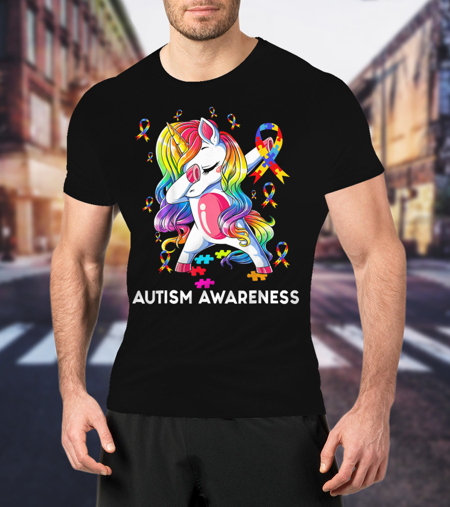 Autism Awareness Rainbow Unicorn With Puzzle T-Shirt
