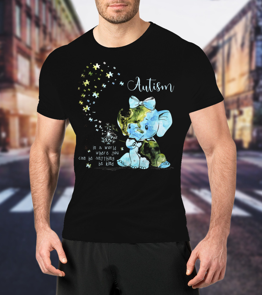 Autism Awareness Be Kind Elephant Dandelion Puzzle Pieces T-Shirt