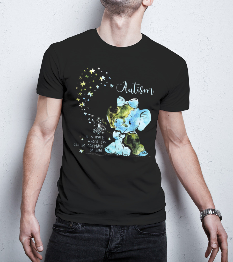Autism Awareness Be Kind Elephant Dandelion Puzzle Pieces T-Shirt