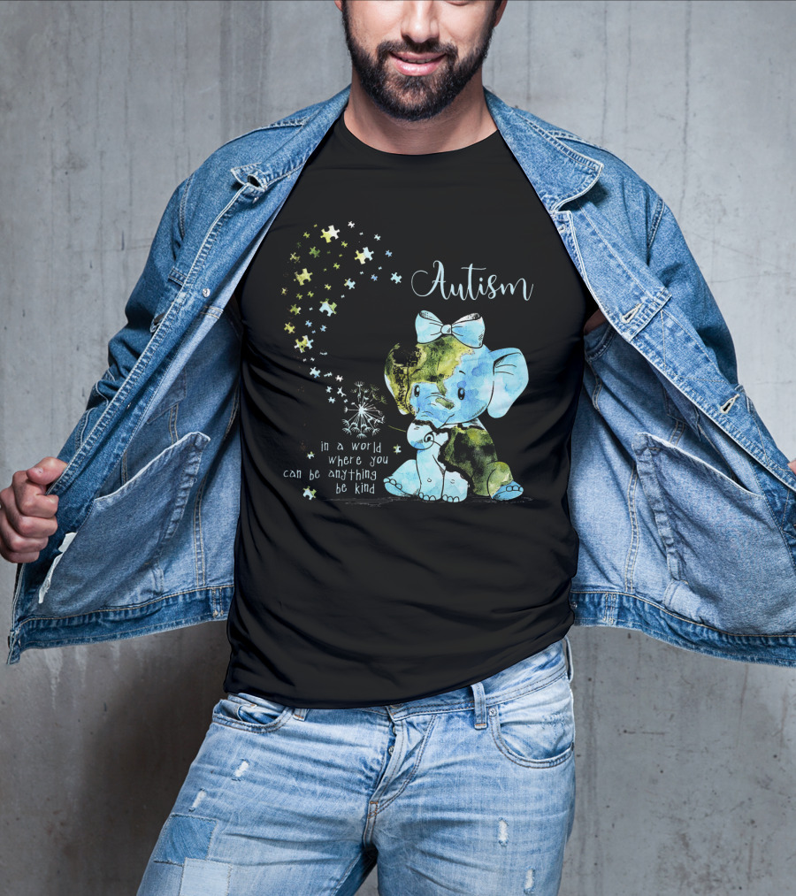 Autism Awareness Be Kind Elephant Dandelion Puzzle Pieces T-Shirt