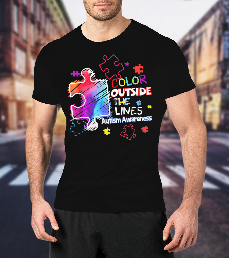 Autism Awareness Color Outside The Lines Puzzle Pieces T-Shirt