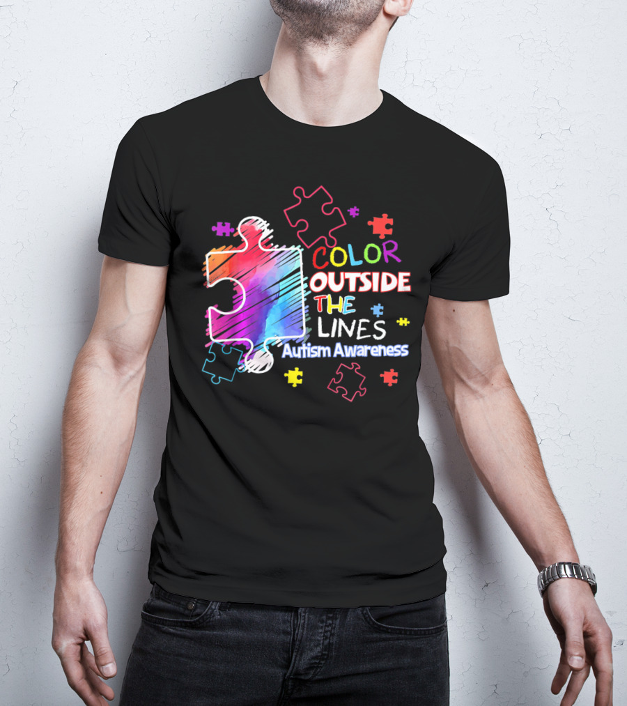Autism Awareness Color Outside The Lines Puzzle Pieces T-Shirt