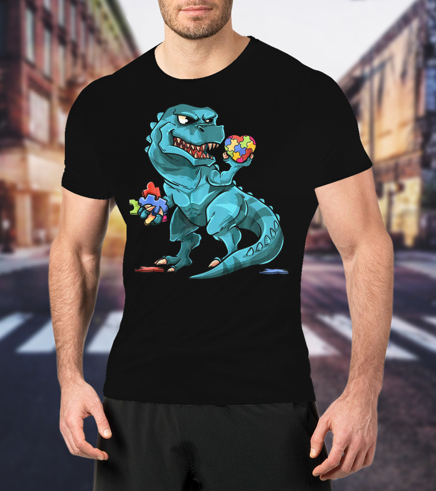 Autism Awareness Dinosaur Puzzle Rex Heart T-Shirt