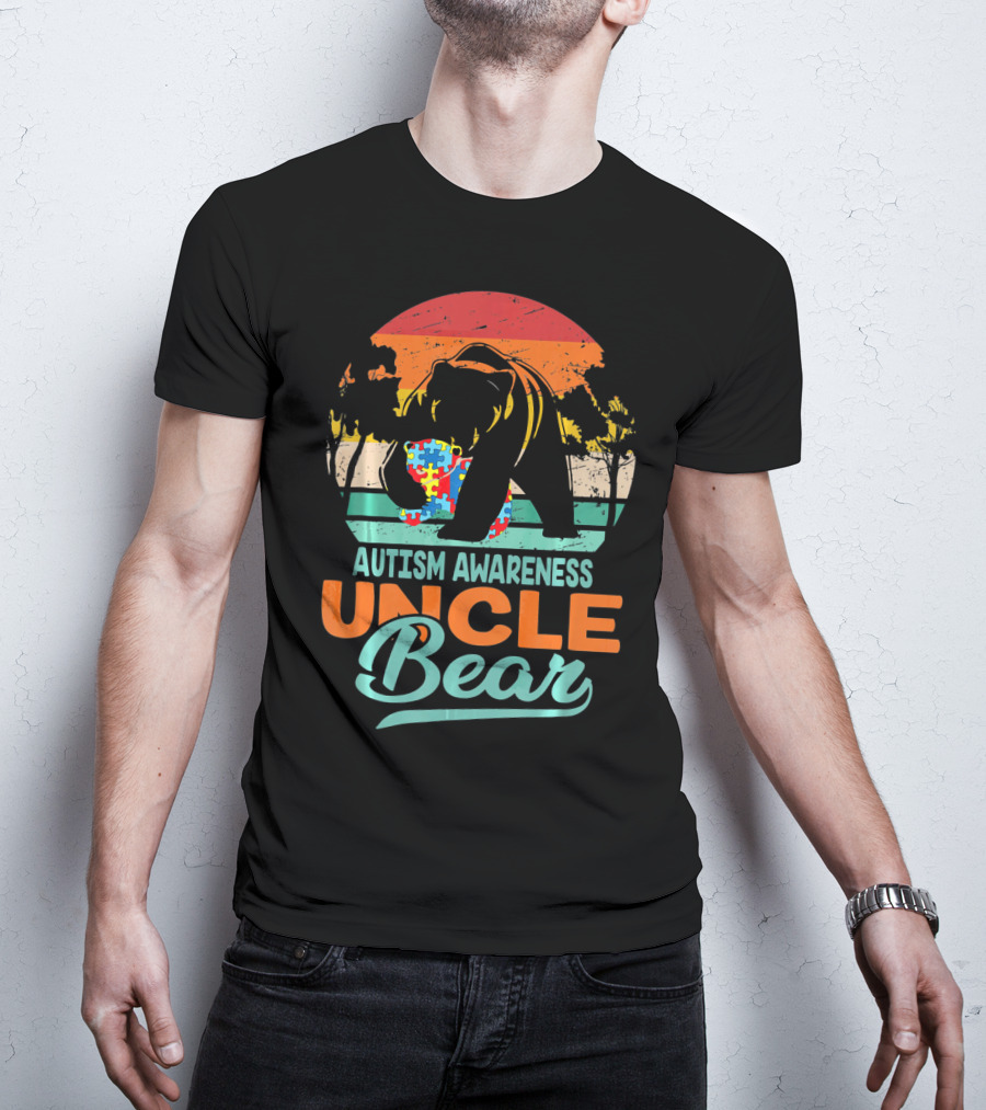 Autism Awareness Uncle Bear Puzzle Sunset T-Shirt