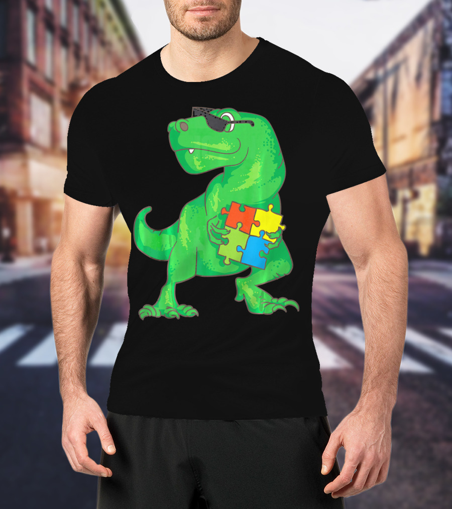 Autism Awareness Month Dinosaur Holding Puzzle Pieces T-Shirt