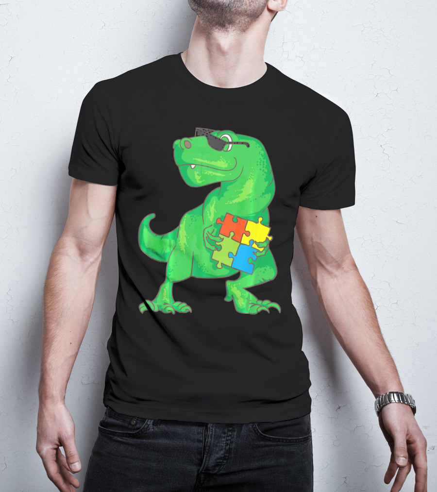 Autism Awareness Month Dinosaur Holding Puzzle Pieces T-Shirt