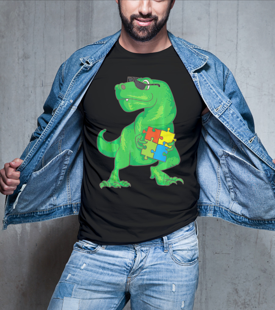 Autism Awareness Month Dinosaur Holding Puzzle Pieces T-Shirt
