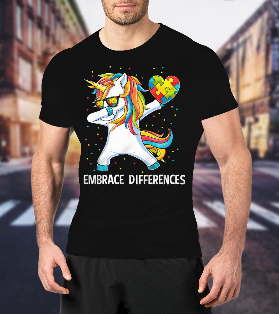 Embrace Differences Autism Awareness Unicorn Dab Puzzle Heart T-Shirt
