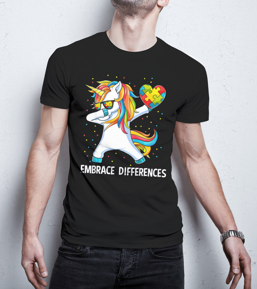Embrace Differences Autism Awareness Unicorn Dab Puzzle Heart T-Shirt