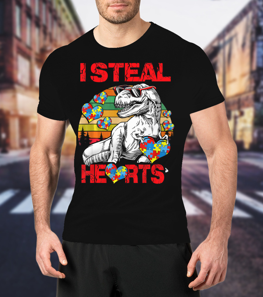 I Steal Hearts Autism Awareness Vintage Dinosaur T-Shirt