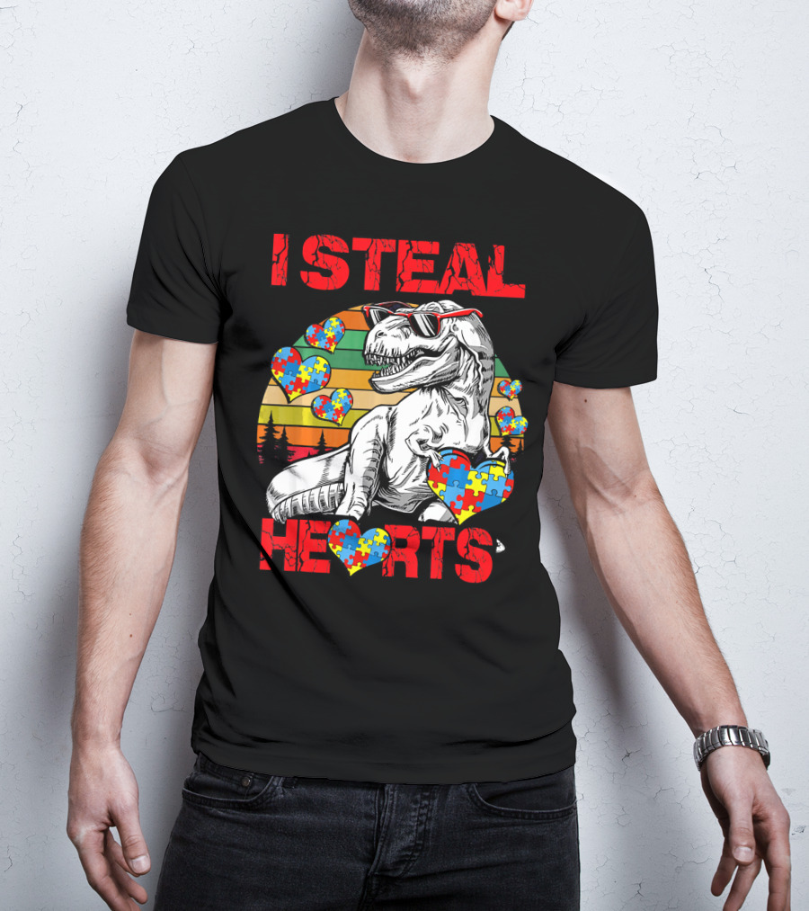 I Steal Hearts Autism Awareness Vintage Dinosaur T-Shirt