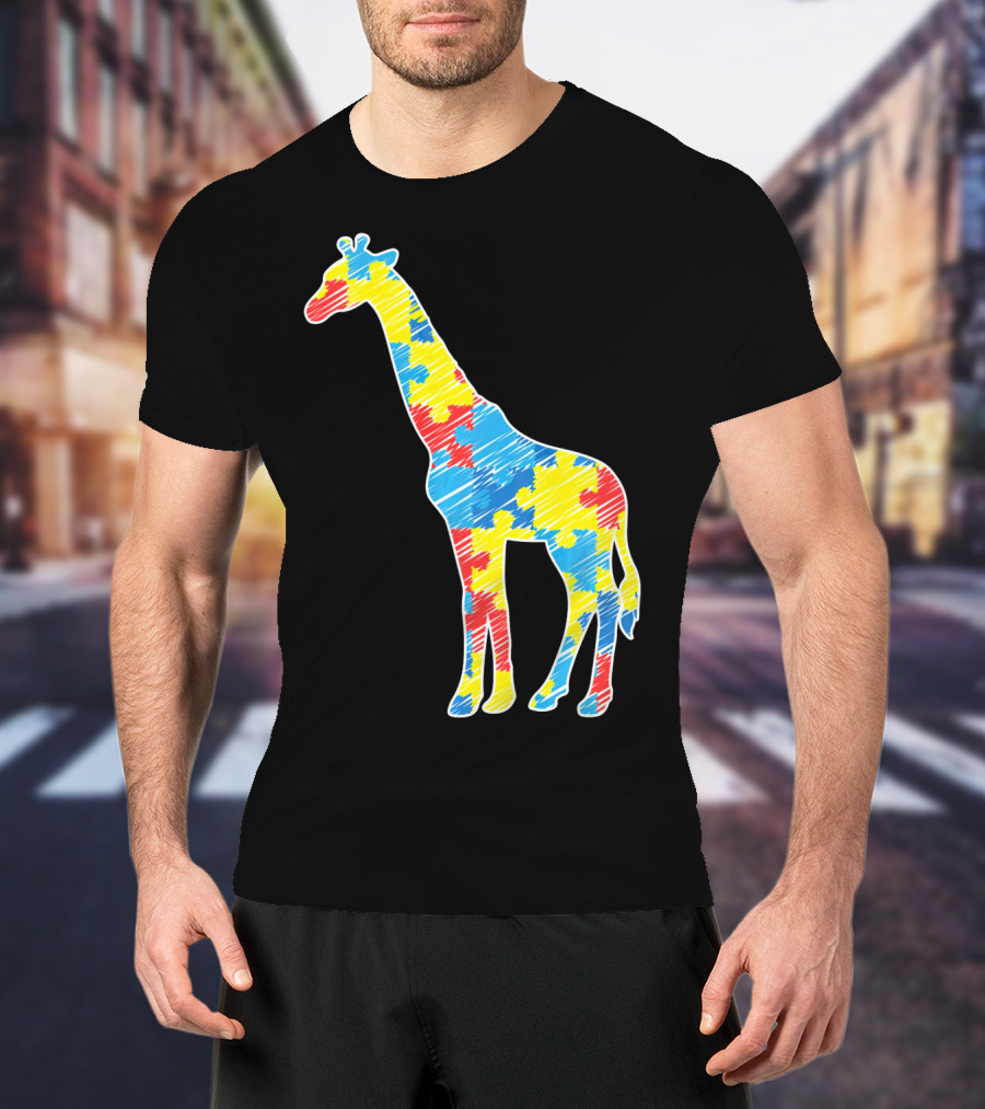 Cute Giraffe Puzzle Pattern Autism Awareness T-Shirt