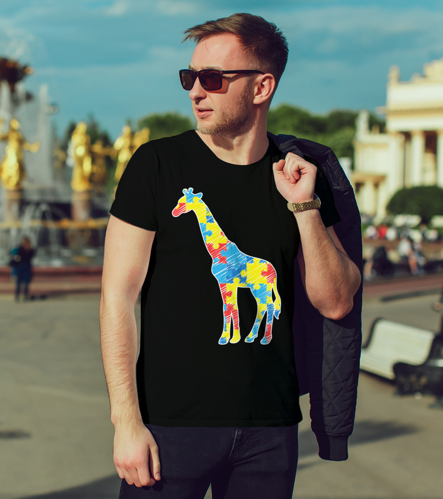 Cute Giraffe Puzzle Pattern Autism Awareness T-Shirt