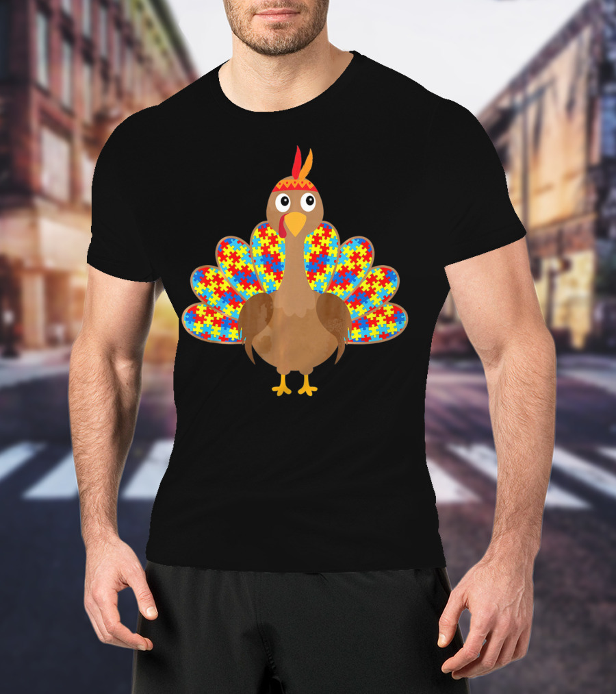 Cute Turkey With Autism Awareness Puzzle Pattern Tail T-Shirt