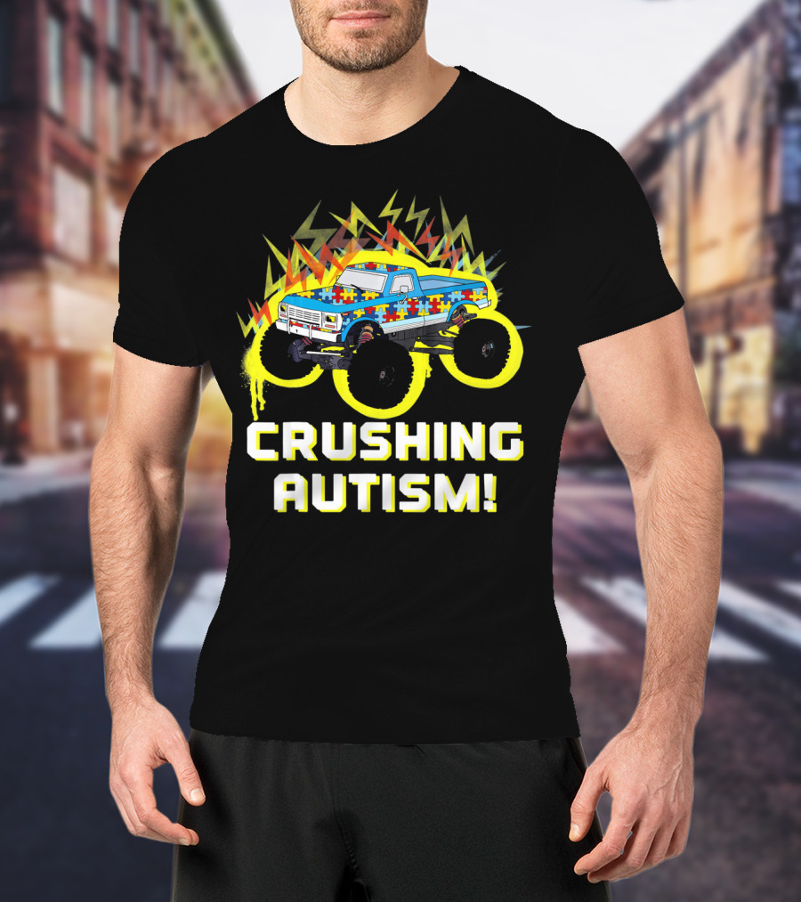Crushing Autism Awareness Monster Truck With Puzzle Pattern And Lightning T-Shirt