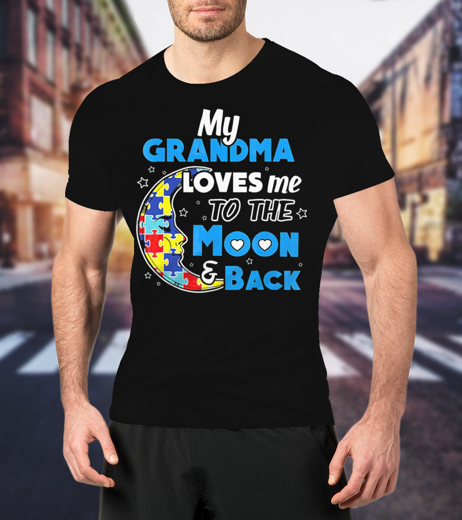My Grandma Loves Me To The Moon And Back Puzzle Piece Moon Hearts Stars T-Shirt