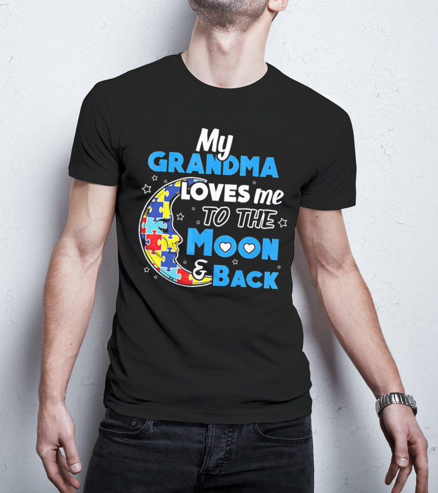 My Grandma Loves Me To The Moon And Back Puzzle Piece Moon Hearts Stars T-Shirt