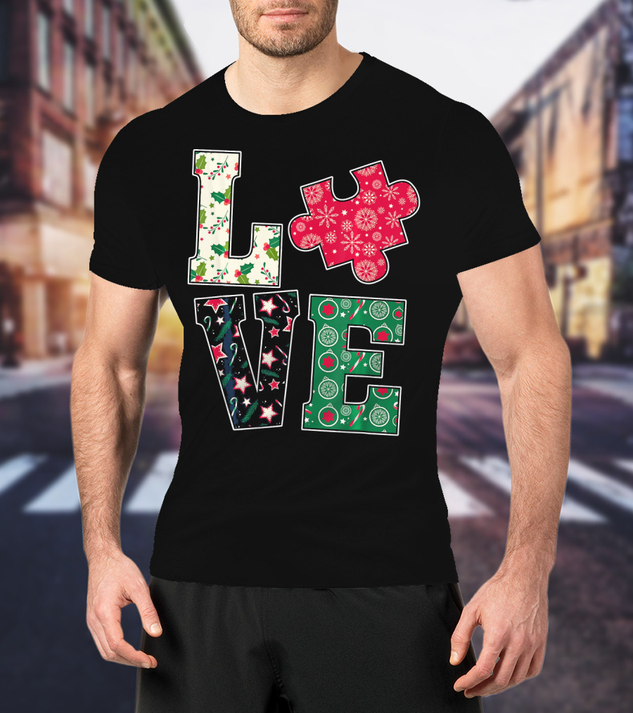 LOVE Puzzle Christmas Autism Awareness Holiday T-Shirt