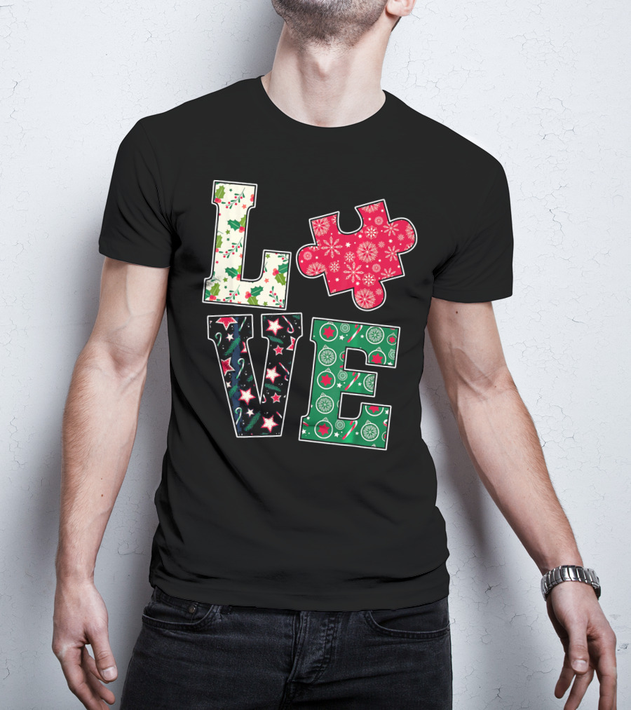 LOVE Puzzle Christmas Autism Awareness Holiday T-Shirt