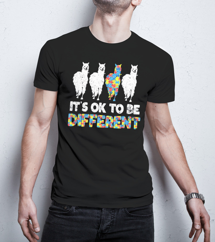 Autism Awareness Llama It's OK To Be Different Puzzle T-Shirt