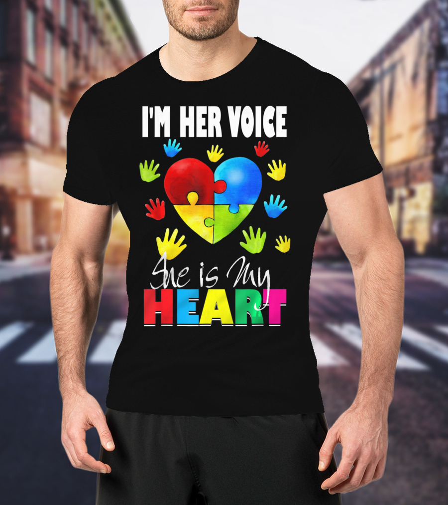 I'm Her Voice She Is My Heart Autism Awareness Puzzle Hands T-Shirt