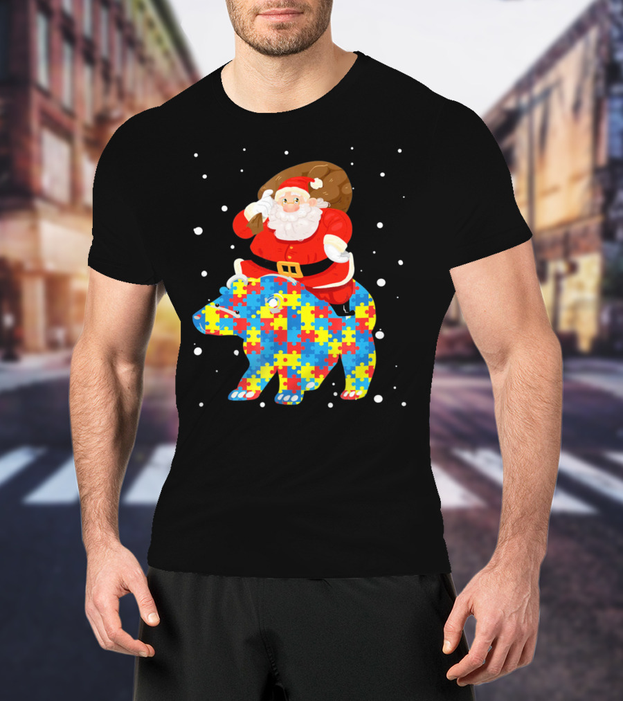 Santa Claus Riding Puzzle Bear Christmas Autism T-Shirt