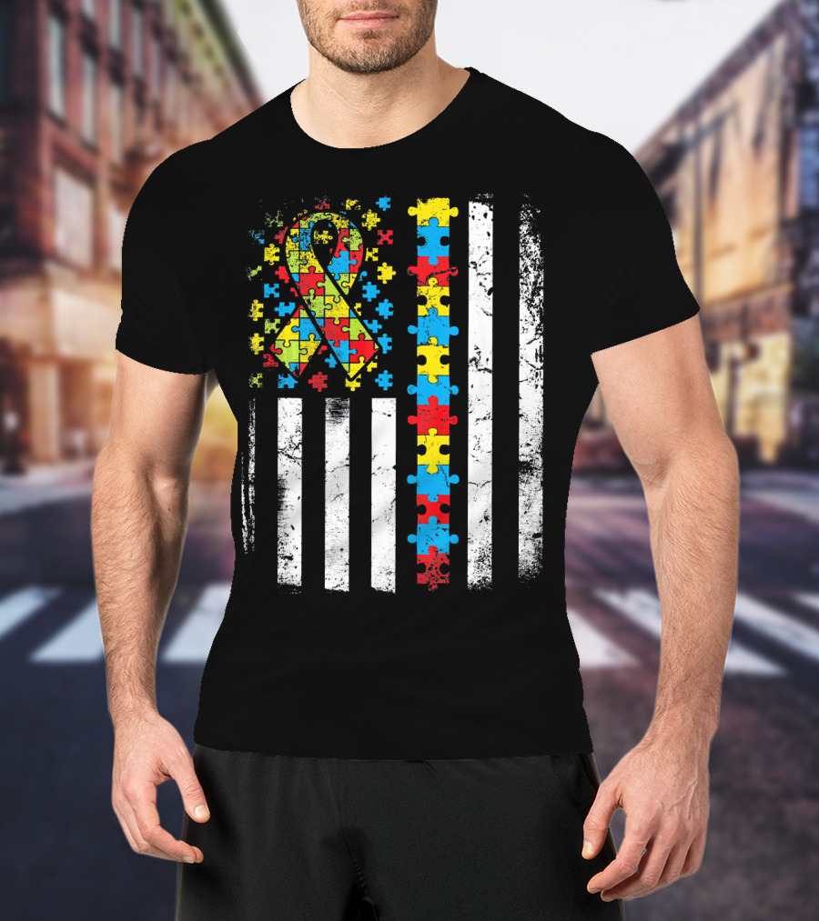 Autism Awareness American Flag Puzzle T-Shirt