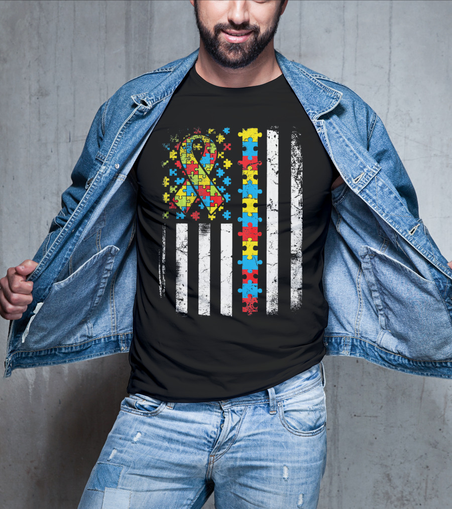 Autism Awareness American Flag Puzzle T-Shirt