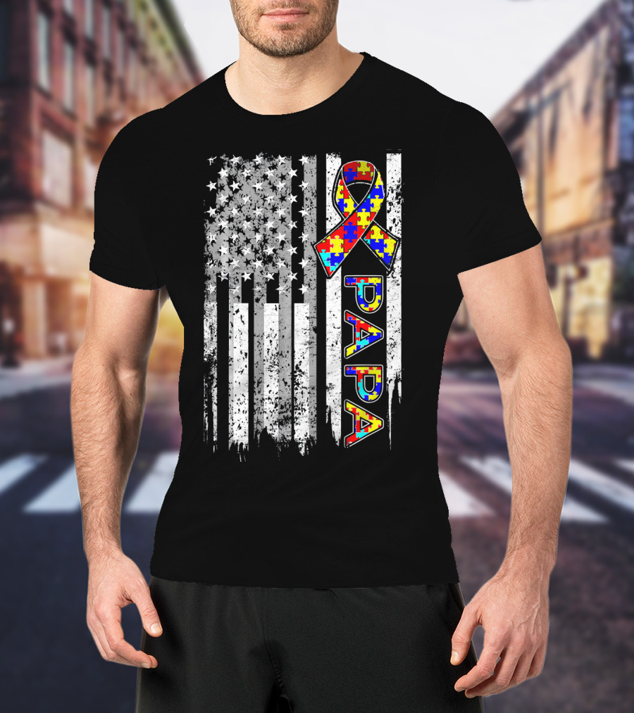 Papa Autism Awareness Puzzle Ribbon American Flag T-Shirt