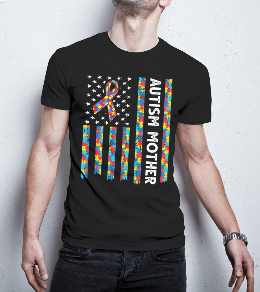 Autism Mother Puzzle Ribbon American Flag Awareness T-Shirt